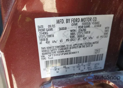 2006 Ford F250 Super Duty из США, поврежденный, VIN 1FTSW21P26EB36611